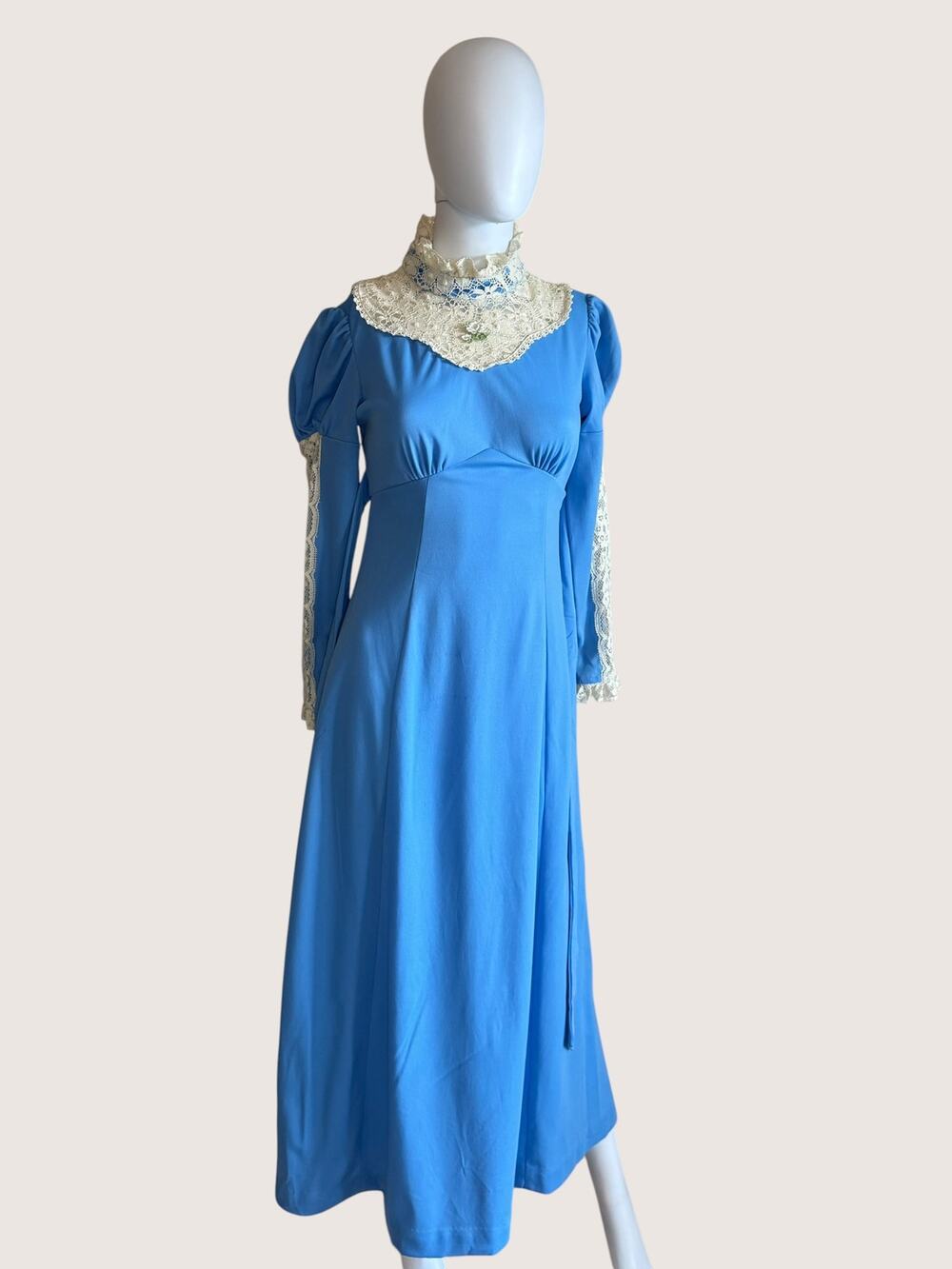 Vintage Sky Blue Lace Victorian Maxi Dress High Neck Long Sleeve